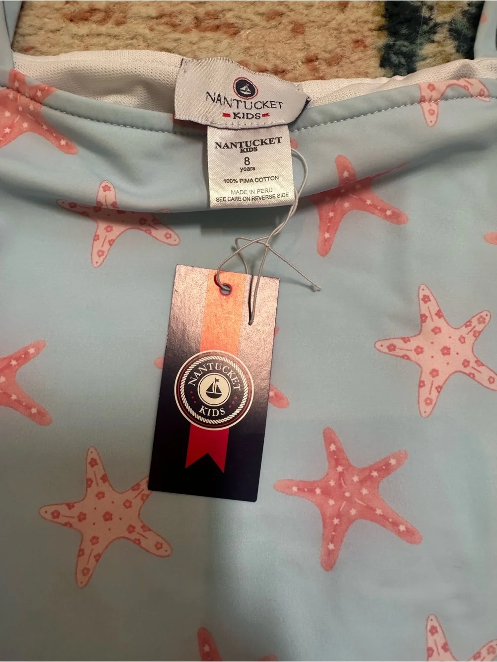 NWT Nantucket Kids Girls Light Blue One-Piece Swimsuit with Pink Starfish Ruffle